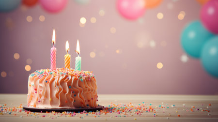 Celebration birthday cake with colorful sprinkles and twenty one colorful birthday candles. Generative AIの素材