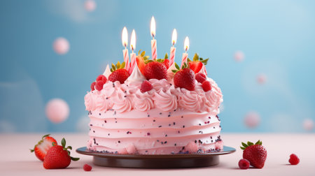 Celebration birthday cake with colorful sprinkles and twenty one colorful birthday candles. Generative AIの素材