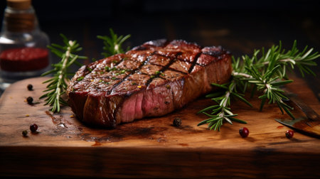 Angus beef steak on wood dish with black background in studio light. Food concept. Generative AIの素材