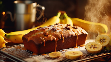 Bake banana cake on black background. Generative AIの素材