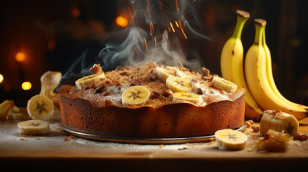 Bake banana cake on black background. Generative AIの素材