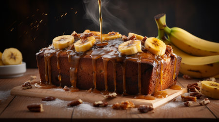 Bake banana cake on black background. Generative AIの素材