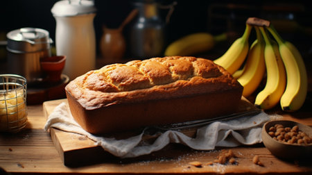 Bake banana cake on black background. Generative AIの素材