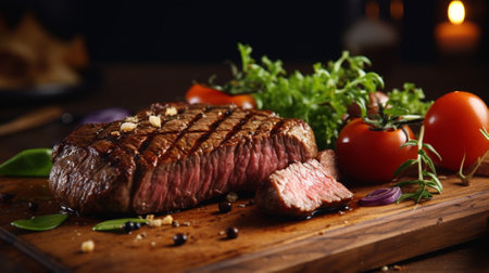 Australian beef steak on wood dish with black background in studio light. Food concept. Generative AIの素材