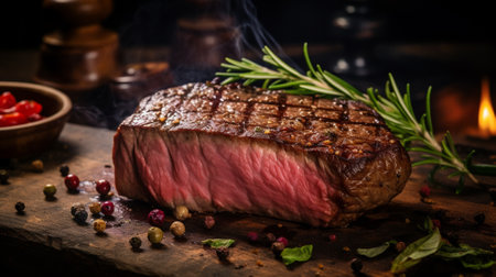 Australian beef steak on wood dish with black background in studio light. Food concept. Generative AIの素材