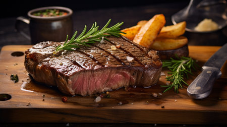 Australian beef steak on wood dish with black background in studio light. Food concept. Generative AIの素材