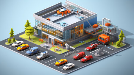 3d of automobile assembly plant. Car manufacturer. Car factory. Isometric concept. Generative AIの素材