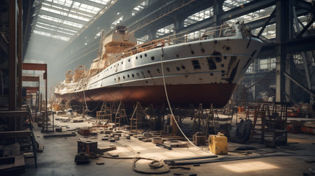 Boat assembly plant. Boat manufacturer. Boat factory. Generative AIの素材