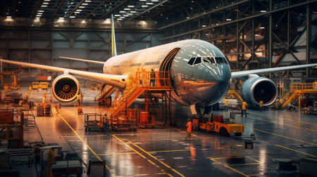 Plane assembly plant. Plane manufacturer. Plane factory. Generative AIの素材