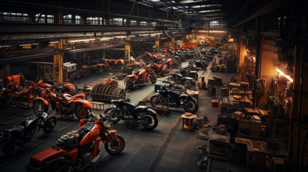 Motorcycle assembly plant. Motorcycle manufacturer. Motorcycle factory. Generative AIの素材
