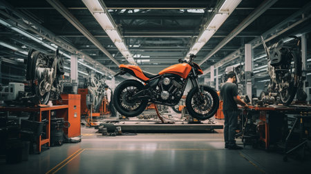 Motorcycle assembly plant. Motorcycle manufacturer. Motorcycle factory. Generative AIの素材