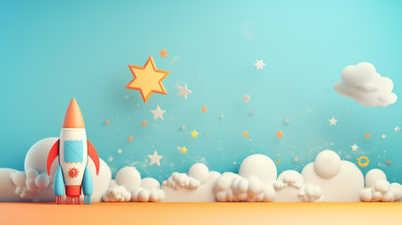 Rocket on pastel background with copyspace for your design. Kid background concept. Generative AIの素材