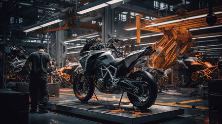 Motorcycle assembly plant. Motorcycle manufacturer. Motorcycle factory. Generative AIの素材