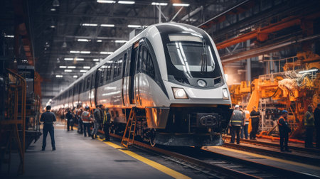 Train assembly plant. Train manufacturer. Train factory. Generative AIの素材