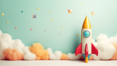 Rocket on pastel background with copyspace for your design. Kid background concept. Generative AIの素材