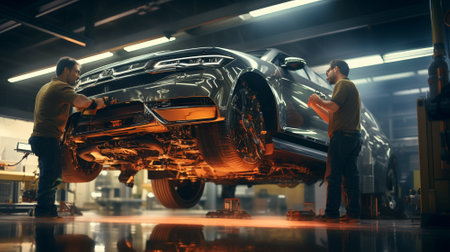 Two mechanics reparing car. Automobile assembly plant. Car manufacturer. Car factory. Generative AIの素材