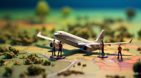 Miniature people. People waiting for plane on map. Generative AIの素材
