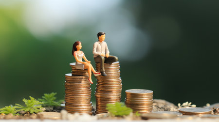 Miniature people. Couple  sitting on top of stack coins. Generative AIの素材