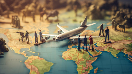 Miniature people. People waiting for plane on map. Generative AIの素材