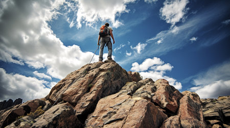 a man climbing mountain. Rock mountain background. worm eye view. Generative AIの素材