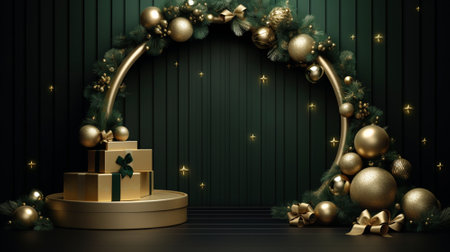 3d luxury podium christmas decoration and space for your luxury product. Christmas background concept. Generative AI.の素材