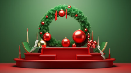 3d luxury podium christmas decoration and space for your luxury product. Christmas background concept. Generative AI.の素材