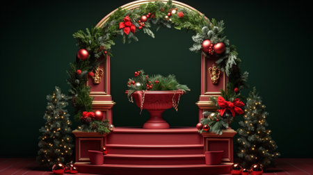 3d luxury podium christmas decoration and space for your luxury product. Christmas background concept. Generative AI.の素材
