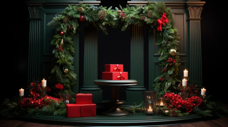 3d luxury podium christmas decoration and space for your luxury product. Christmas background concept. Generative AI.の素材