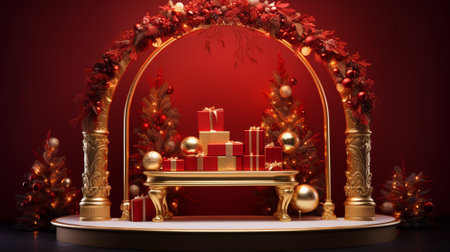 3d luxury podium christmas decoration and space for your luxury product. Christmas background concept. Generative AI.の素材