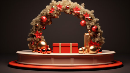 3d luxury podium christmas decoration and space for your luxury product. Christmas background concept. Generative AI.の素材