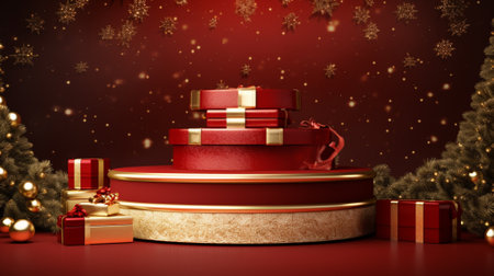 3d luxury podium christmas decoration and space for your luxury product. Christmas background concept. Generative AI.の素材