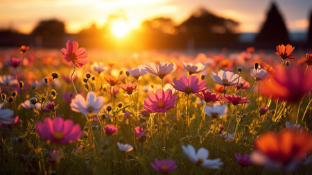 Sunset background of meadows,flowers. Nature background. Flower background. Generative AIの素材