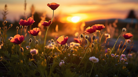 Sunset background of meadows,flowers. Nature background. Flower background. Generative AIの素材