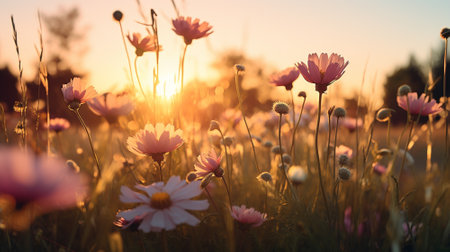 Sunset background of meadows,flowers. Nature background. Flower background. Generative AIの素材