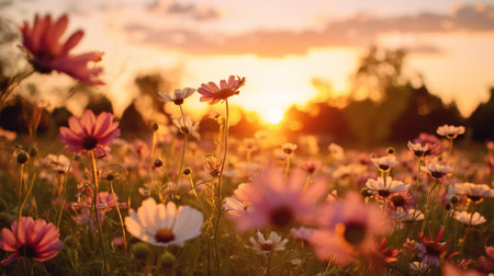 Sunset background of meadows,flowers. Nature background. Flower background. Generative AIの素材