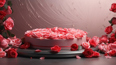 Blank podium derocation with rose. Valentine concept. Generative AIの素材