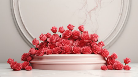 Blank podium derocation with rose. Valentine concept. Generative AIの素材