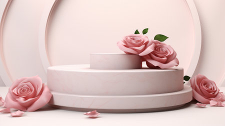 Blank podium derocation with rose. Valentine concept. Generative AIの素材