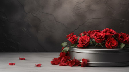 Blank podium derocation with rose. Valentine concept. Generative AIの素材