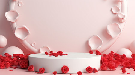 Blank podium derocation with rose. Valentine concept. Generative AIの素材