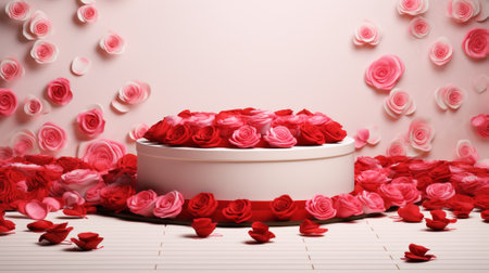Blank podium derocation with rose. Valentine concept. Generative AIの素材
