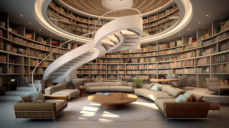 Modern design with library. White tone. Generative AI.の素材
