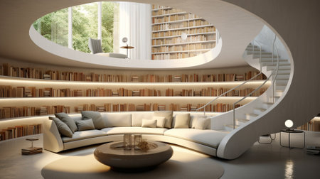 Modern design with library. White tone. Generative AI.の素材
