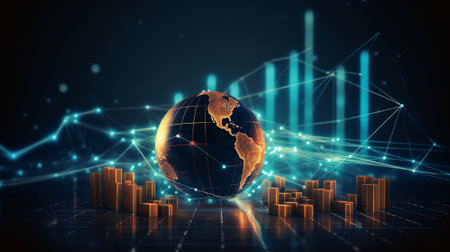 Financial chart with moving up arrow graph and world map background. Generative AI.の素材