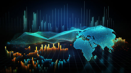 Financial chart with moving up arrow graph and world map background. Generative AI.の素材