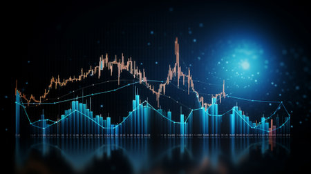 Financial chart with moving up arrow graph and world map background. Generative AI.の素材