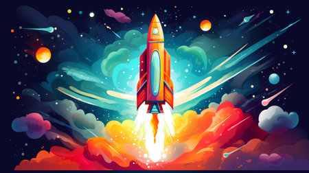 Illustration of Rocket. Colorful background. Generative AI.の素材