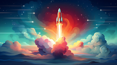 Illustration of Rocket. Colorful background. Generative AI.の素材
