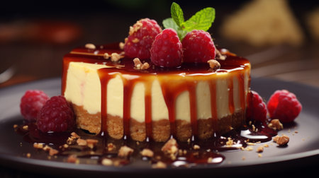 Homemade cheesecake on table with blur background. Generative AI.の素材