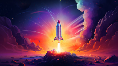 Illustration of Rocket. Colorful background. Generative AI.の素材
